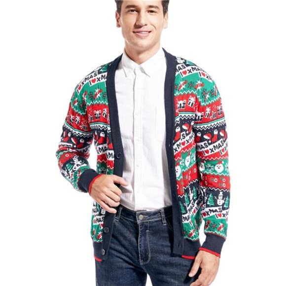 Men's Christmas Rudolph Reindeer Holiday Festive Knitted Sweater Cardigan - Picture 4 of 6